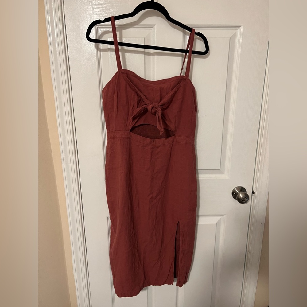 Front Tie Cutout Midi Linen Dress